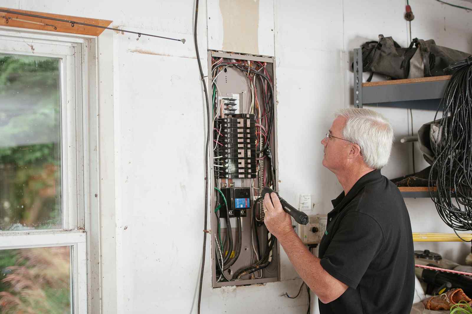 An inspector with a flashlight checking an open electrical panel on a garage wall beside storage shelves